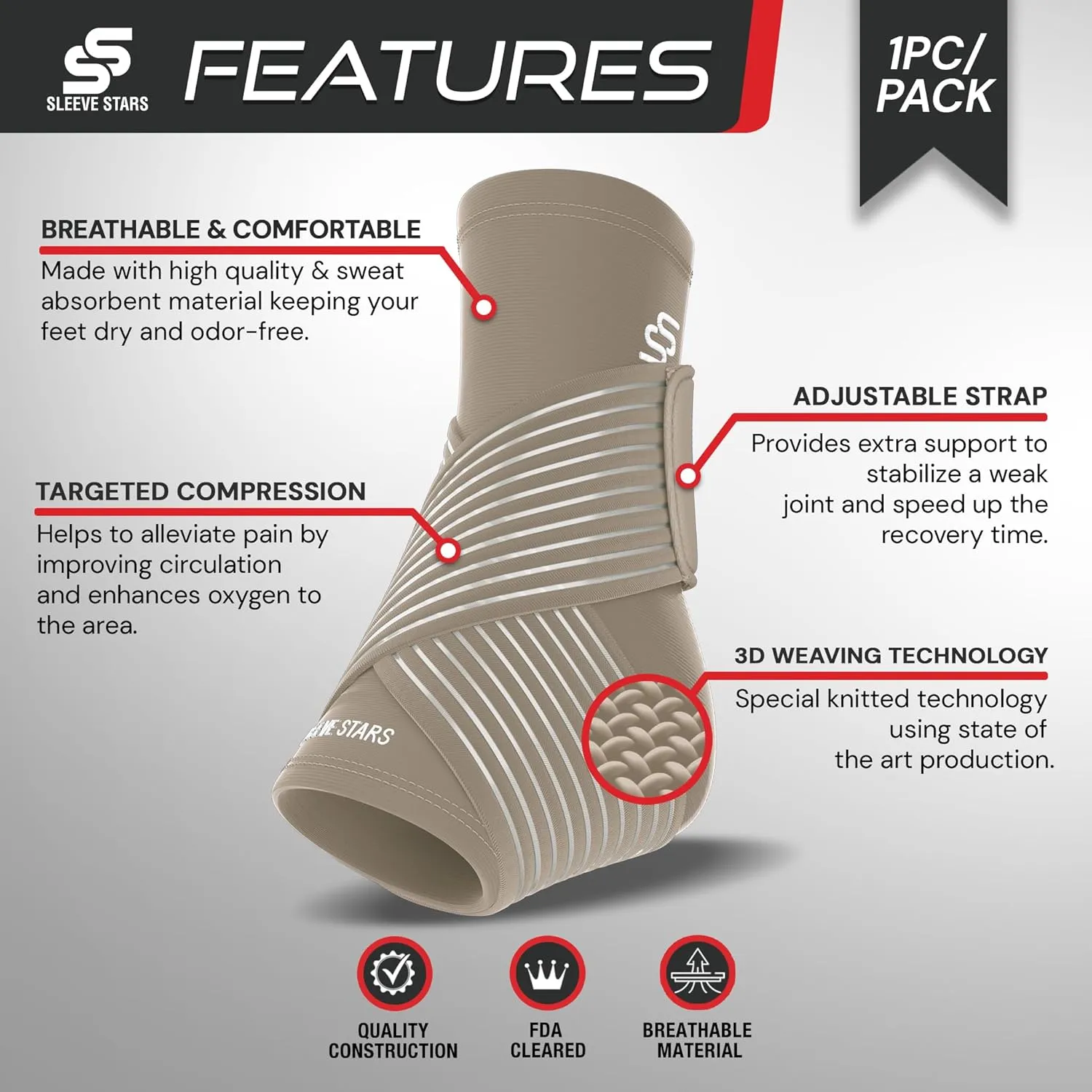 Sleeve Stars Ankle Brace for Sprained Ankle, Plantar Fasciitis Relief Ankle Support for Women, Ankle Compression Sleeve w/ Strap (Single/Beige)