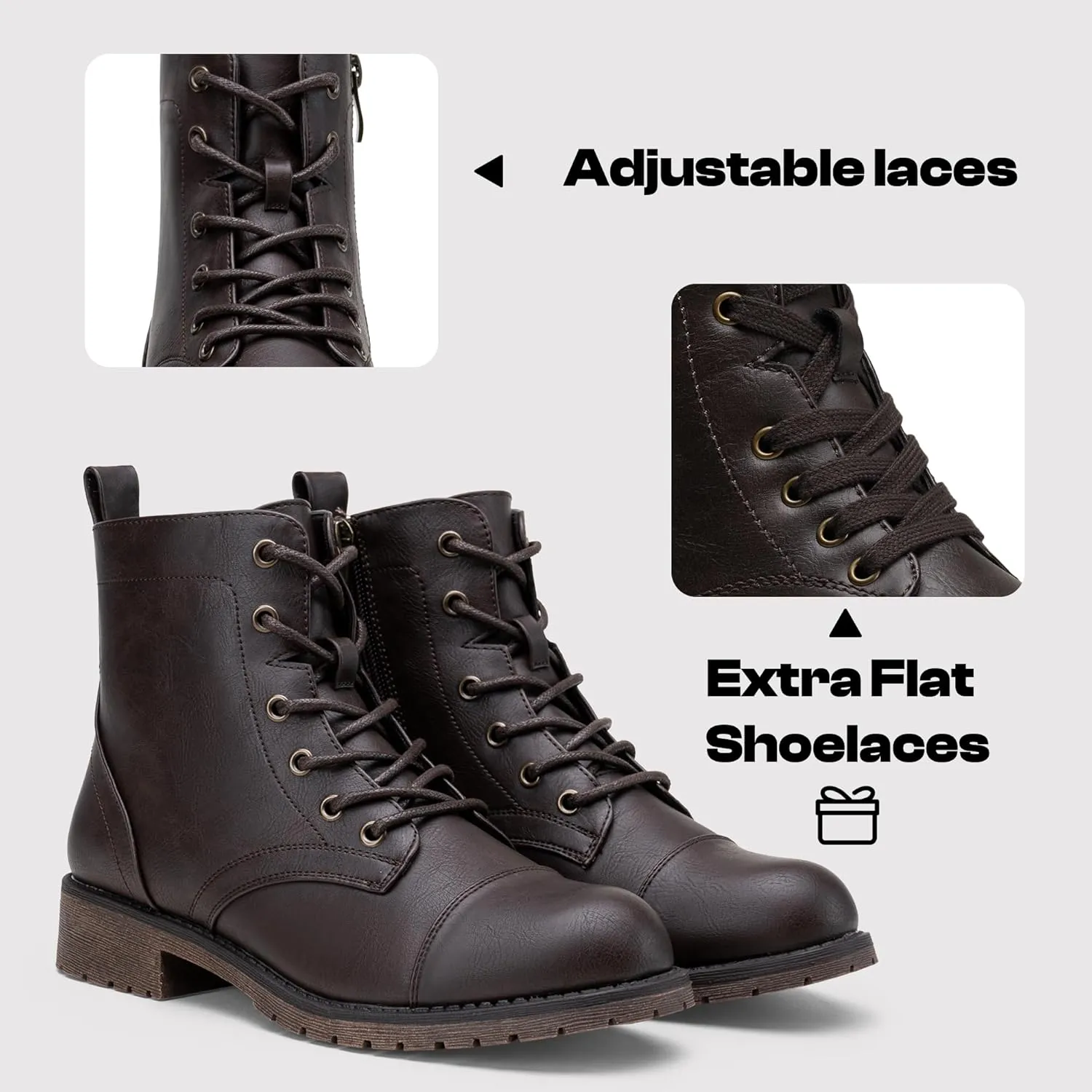 Vepose Women's Ankle Boots Lace up, Flat Fashion Combat Booties Low Heel