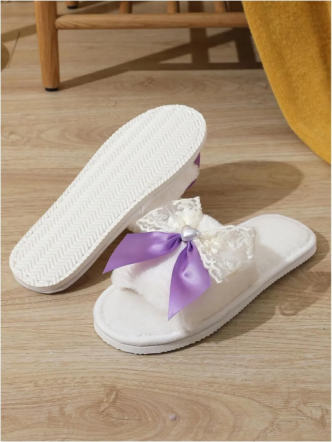 Verdusa Women's 3D Bow Plush Fuzzy Slippers Open Toe Warm Indoor Bride Wedding Slippers
