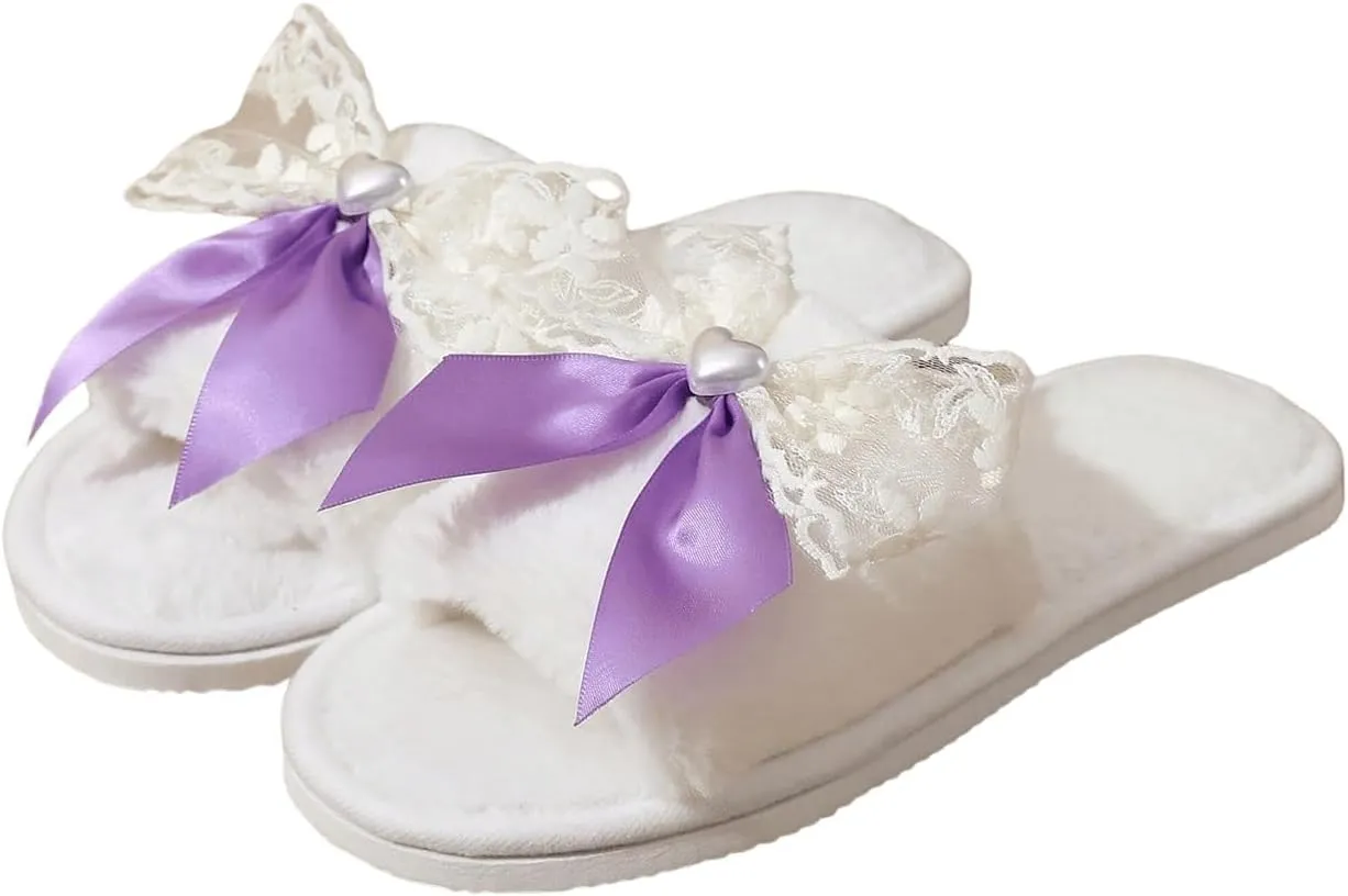 Verdusa Women's 3D Bow Plush Fuzzy Slippers Open Toe Warm Indoor Bride Wedding Slippers