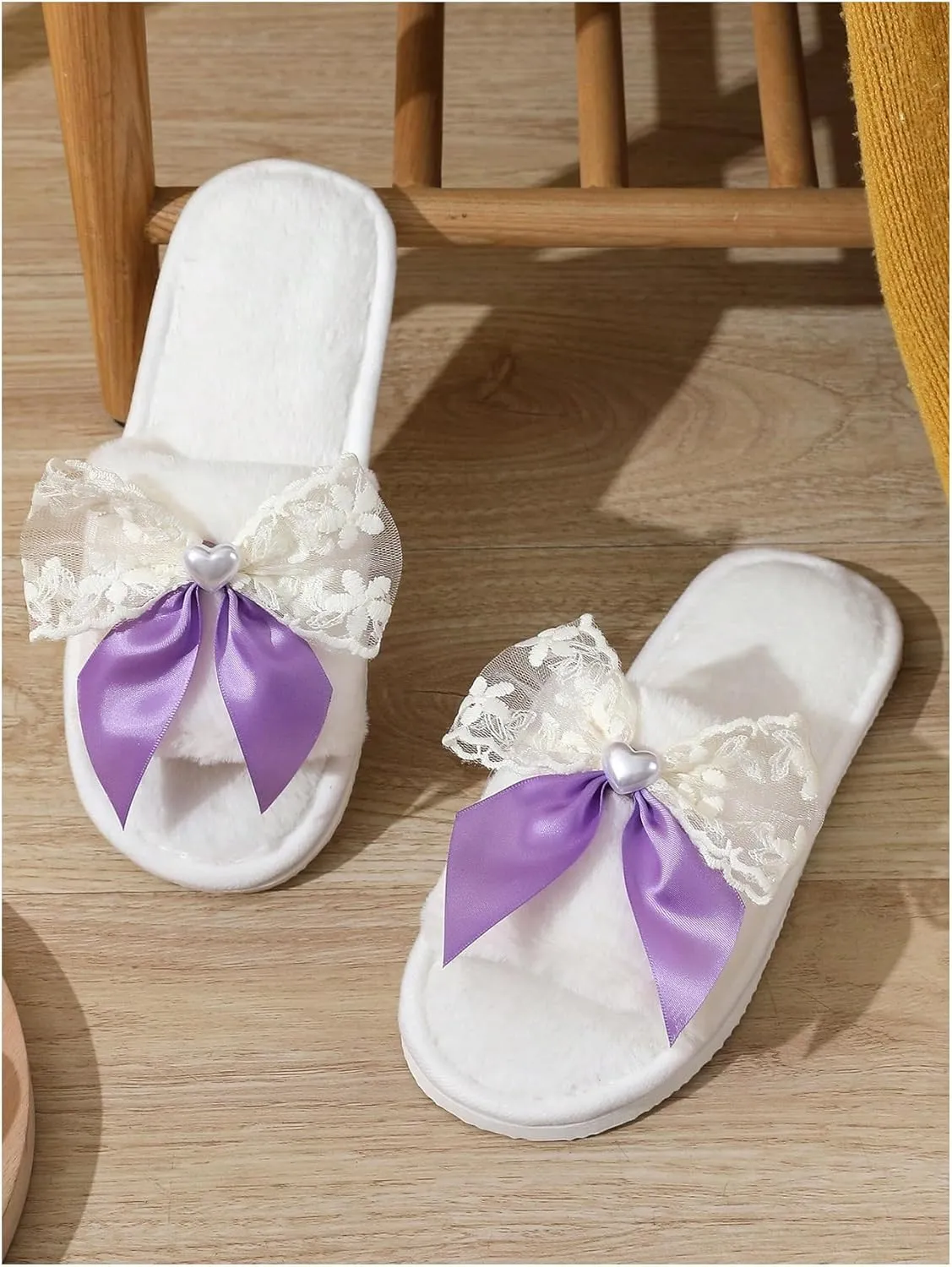 Verdusa Women's 3D Bow Plush Fuzzy Slippers Open Toe Warm Indoor Bride Wedding Slippers