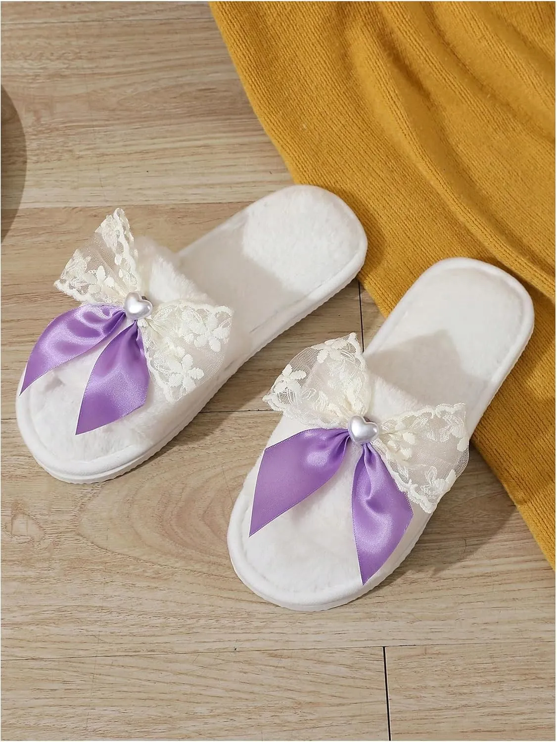 Verdusa Women's 3D Bow Plush Fuzzy Slippers Open Toe Warm Indoor Bride Wedding Slippers