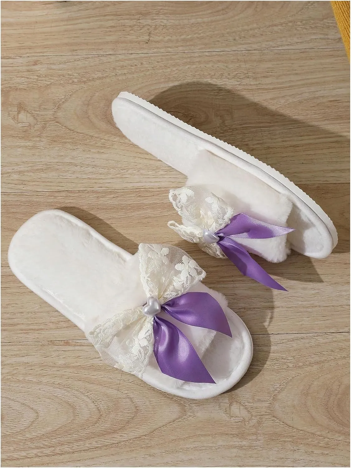 Verdusa Women's 3D Bow Plush Fuzzy Slippers Open Toe Warm Indoor Bride Wedding Slippers