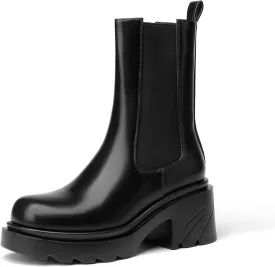 vivianly Womens Chelsea Boots Lug Sole Platform Mid Calf Boots Elastic Slip on Boots Block Heel Ankle Boots for Casual Wear, Costume