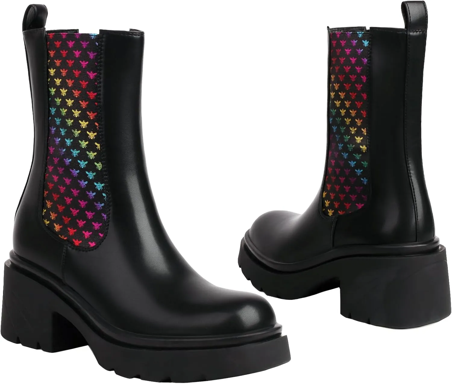 vivianly Womens Chelsea Boots Lug Sole Platform Mid Calf Boots Elastic Slip on Boots Block Heel Ankle Boots for Casual Wear, Costume