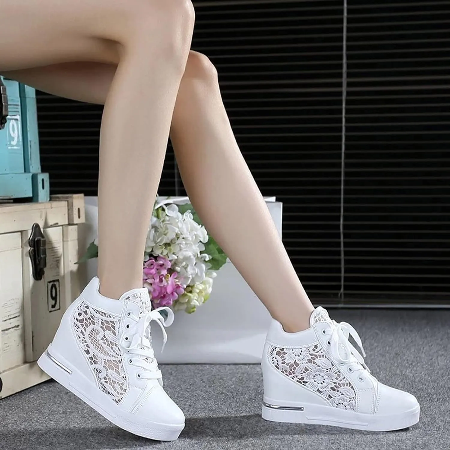 Wedge Sneakers for Women Hidden High Heeld Sneakers Dressy Lace Up High Top Sneakers Fashion Orthopedic Walking Shoes Breathable Lace Embroidery Running Shoes Casual Platform Sneakers Non (White, 6)