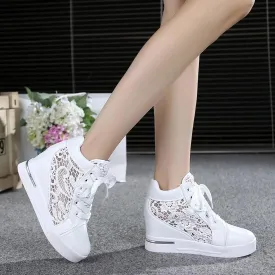 Wedge Sneakers for Women Hidden High Heeld Sneakers Dressy Lace Up High Top Sneakers Fashion Orthopedic Walking Shoes Breathable Lace Embroidery Running Shoes Casual Platform Sneakers Non (White, 6)