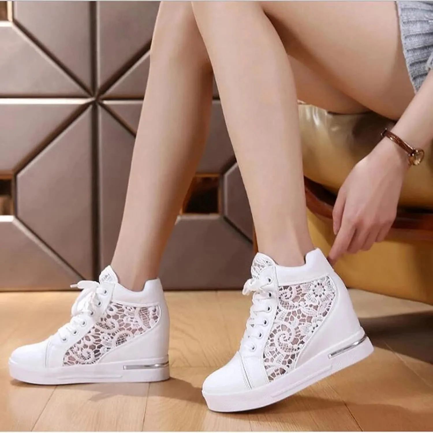 Wedge Sneakers for Women Hidden High Heeld Sneakers Dressy Lace Up High Top Sneakers Fashion Orthopedic Walking Shoes Breathable Lace Embroidery Running Shoes Casual Platform Sneakers Non (White, 6)