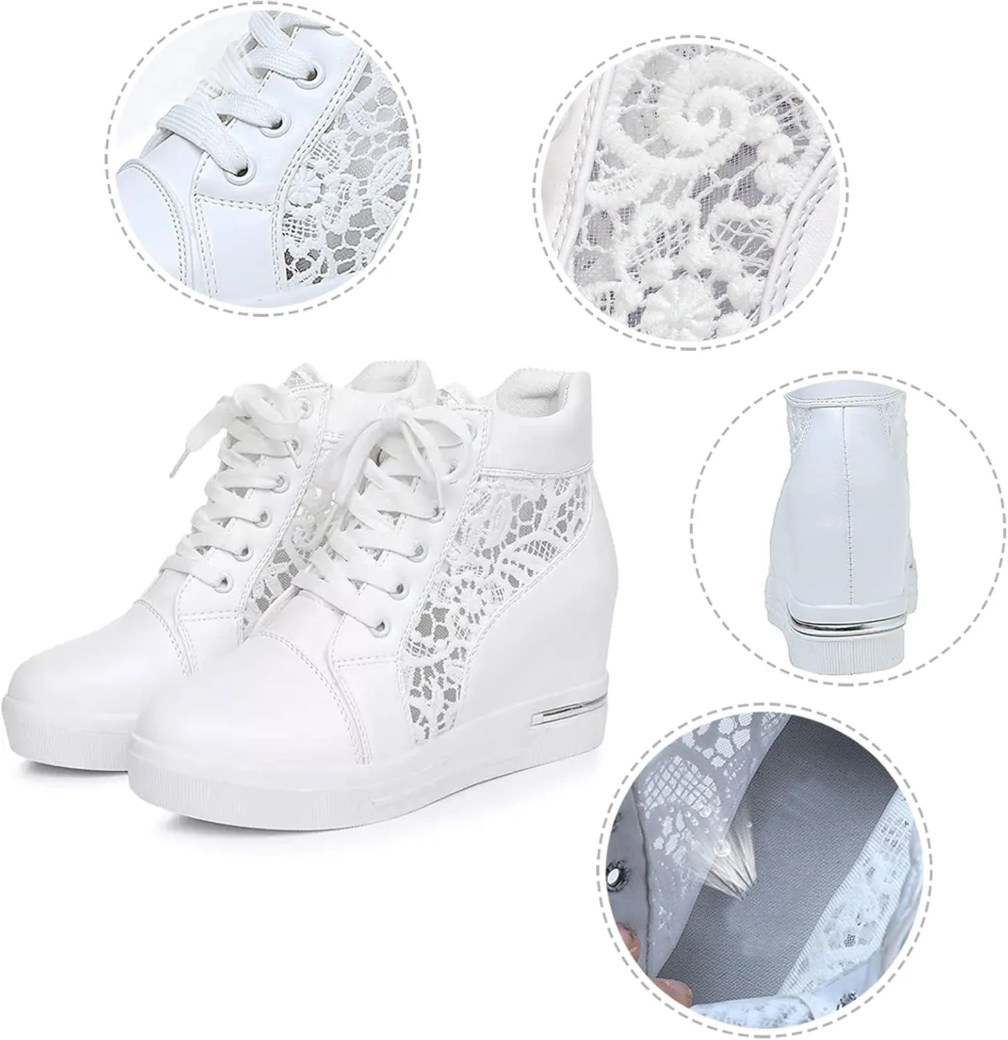 Wedge Sneakers for Women Hidden High Heeld Sneakers Dressy Lace Up High Top Sneakers Fashion Orthopedic Walking Shoes Breathable Lace Embroidery Running Shoes Casual Platform Sneakers Non (White, 6)