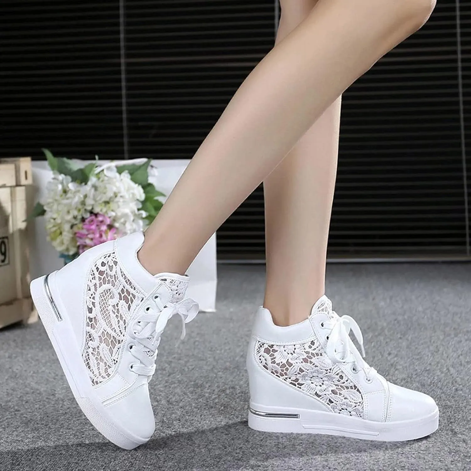 Wedge Sneakers for Women Hidden High Heeld Sneakers Dressy Lace Up High Top Sneakers Fashion Orthopedic Walking Shoes Breathable Lace Embroidery Running Shoes Casual Platform Sneakers Non (White, 6)