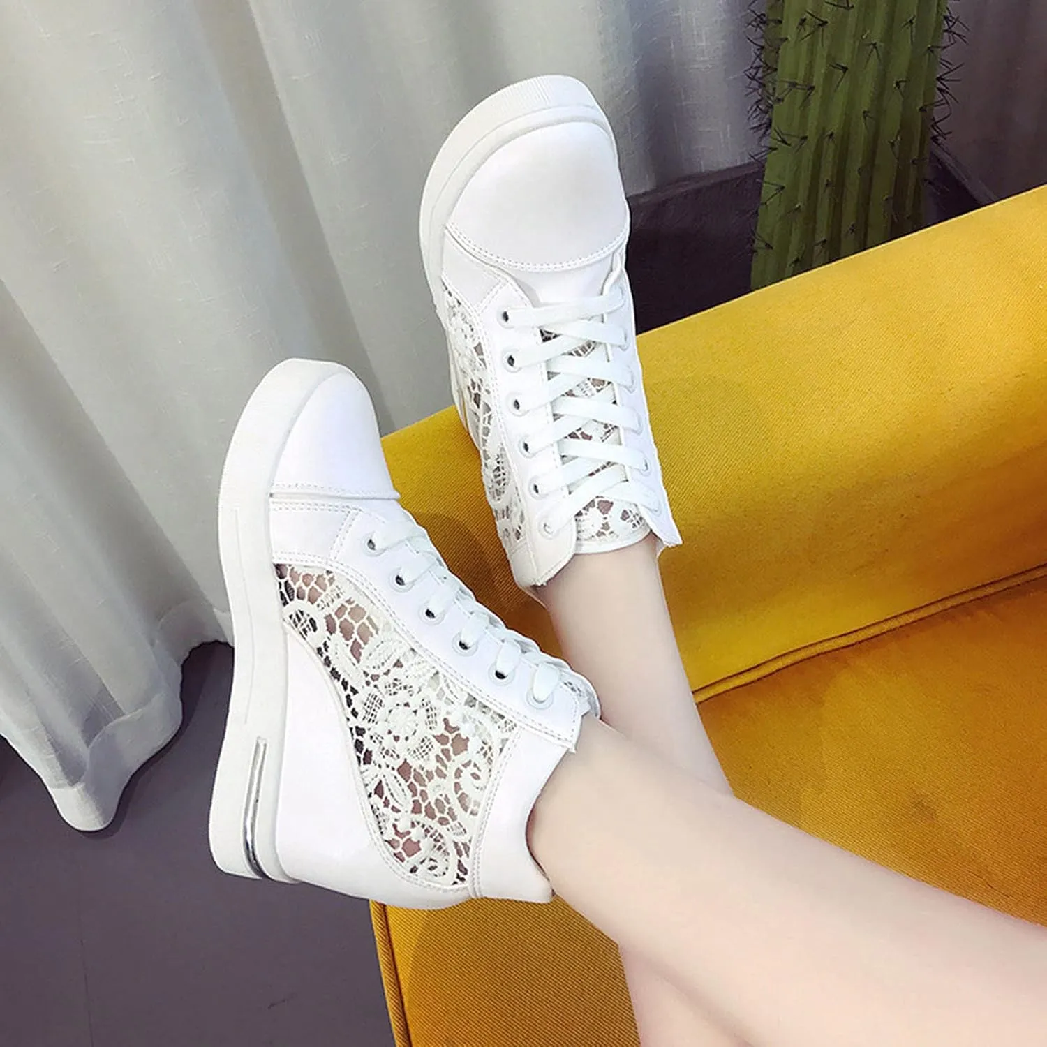 Wedge Sneakers for Women Hidden High Heeld Sneakers Dressy Lace Up High Top Sneakers Fashion Orthopedic Walking Shoes Breathable Lace Embroidery Running Shoes Casual Platform Sneakers Non (White, 6)