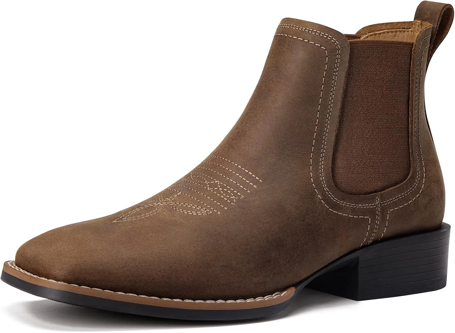 Western Cowboy Boots for Men - Mens Square Toe Chelsea Boots Ankle Cowboy Boots for Men Casual Retro Stylish Boots Brown