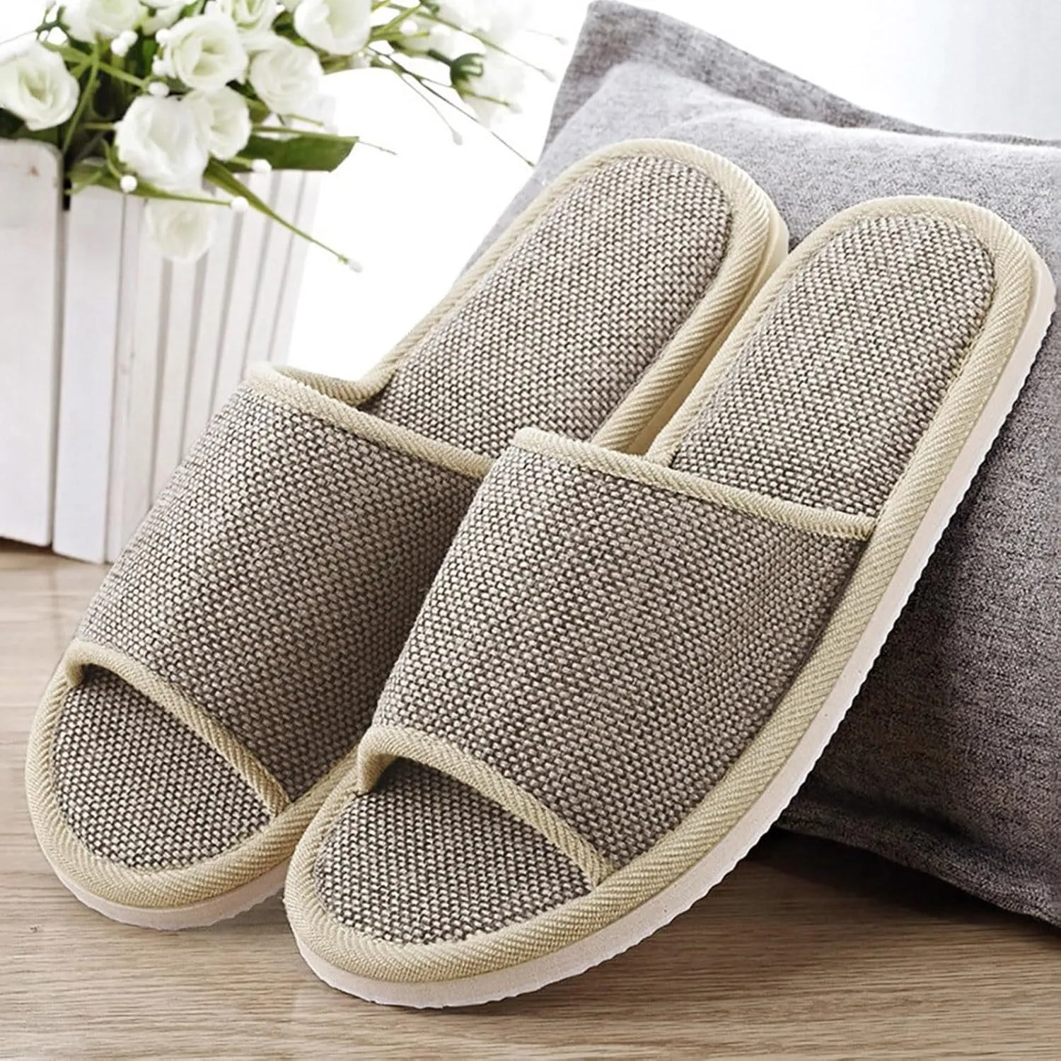 Women Men Home Slippers Washable Cotton Open-Toe Slippers Indoor Shoes Casual Flax Soft Non-Slip Sole Slides Shoes