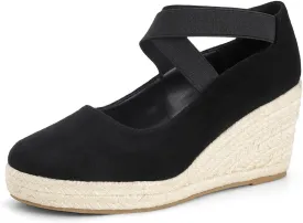 Womens Espadrilles Sandals, Closed Toe Platform for Women Slip on Elastic Ankle Strap Casual Comfortable Wedge Sandals