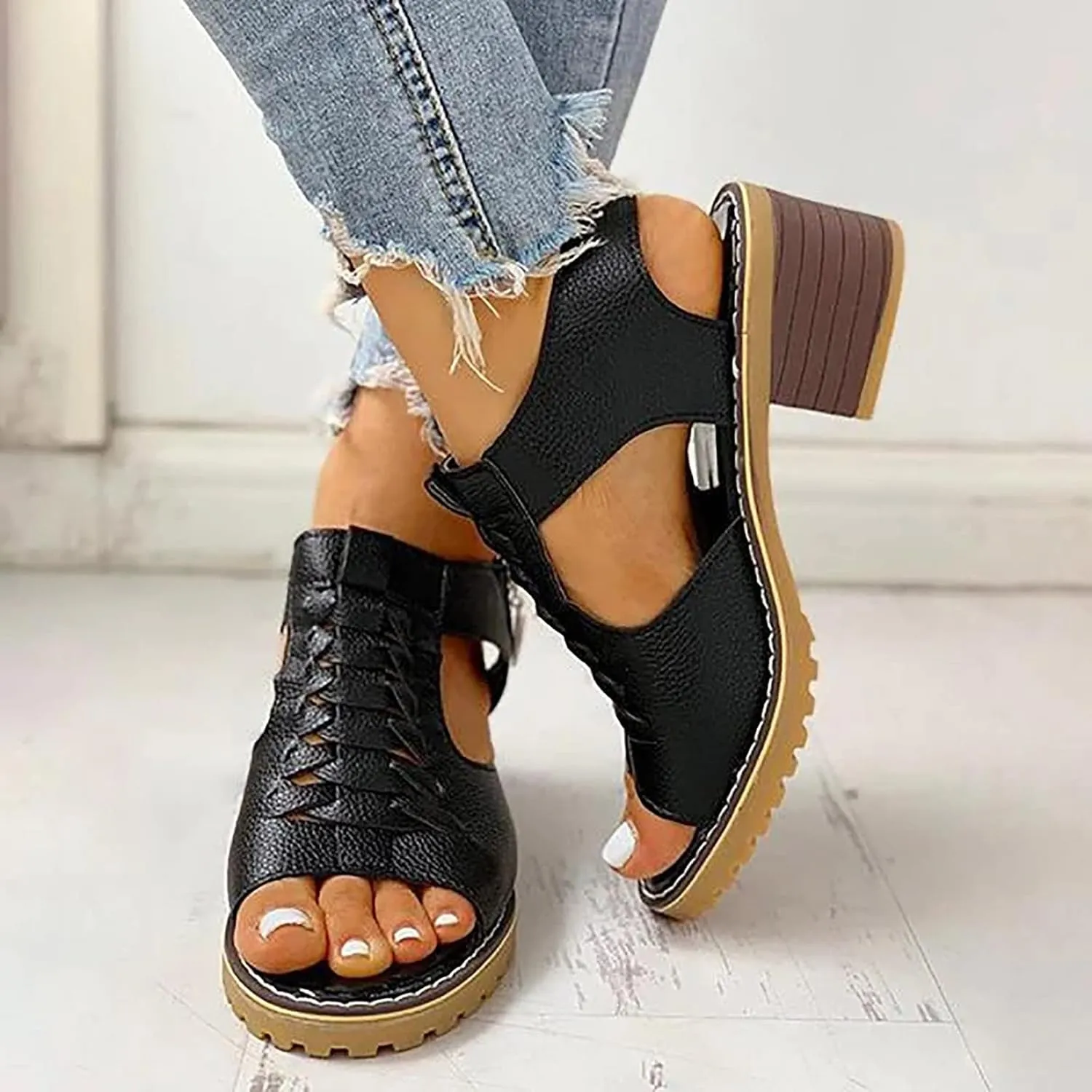 Womens Platform Sandals Open Toe Chunky Block Heel Sandal Slip On Mid Heel Dress Shoes Zipper Sandalias De Mujer