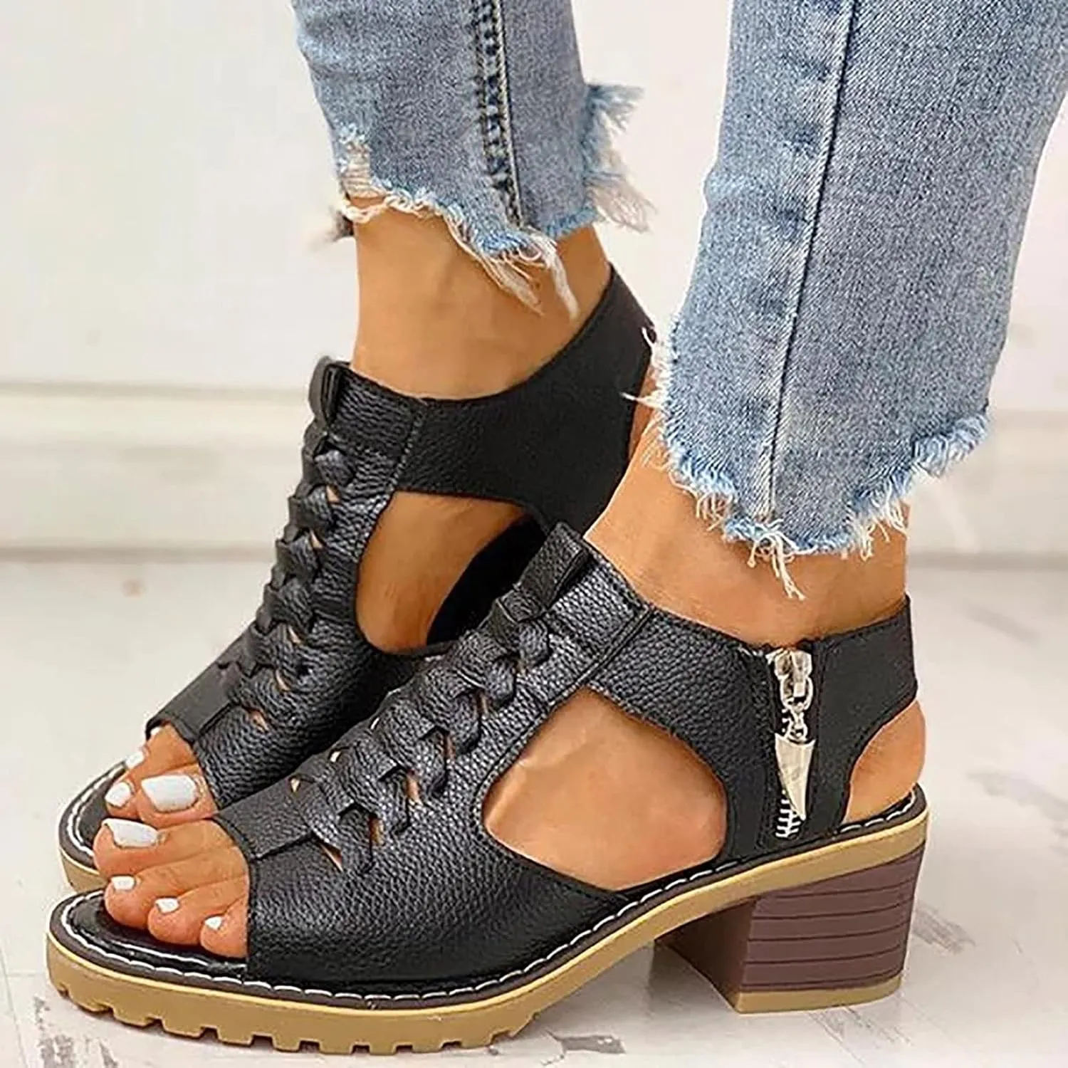 Womens Platform Sandals Open Toe Chunky Block Heel Sandal Slip On Mid Heel Dress Shoes Zipper Sandalias De Mujer