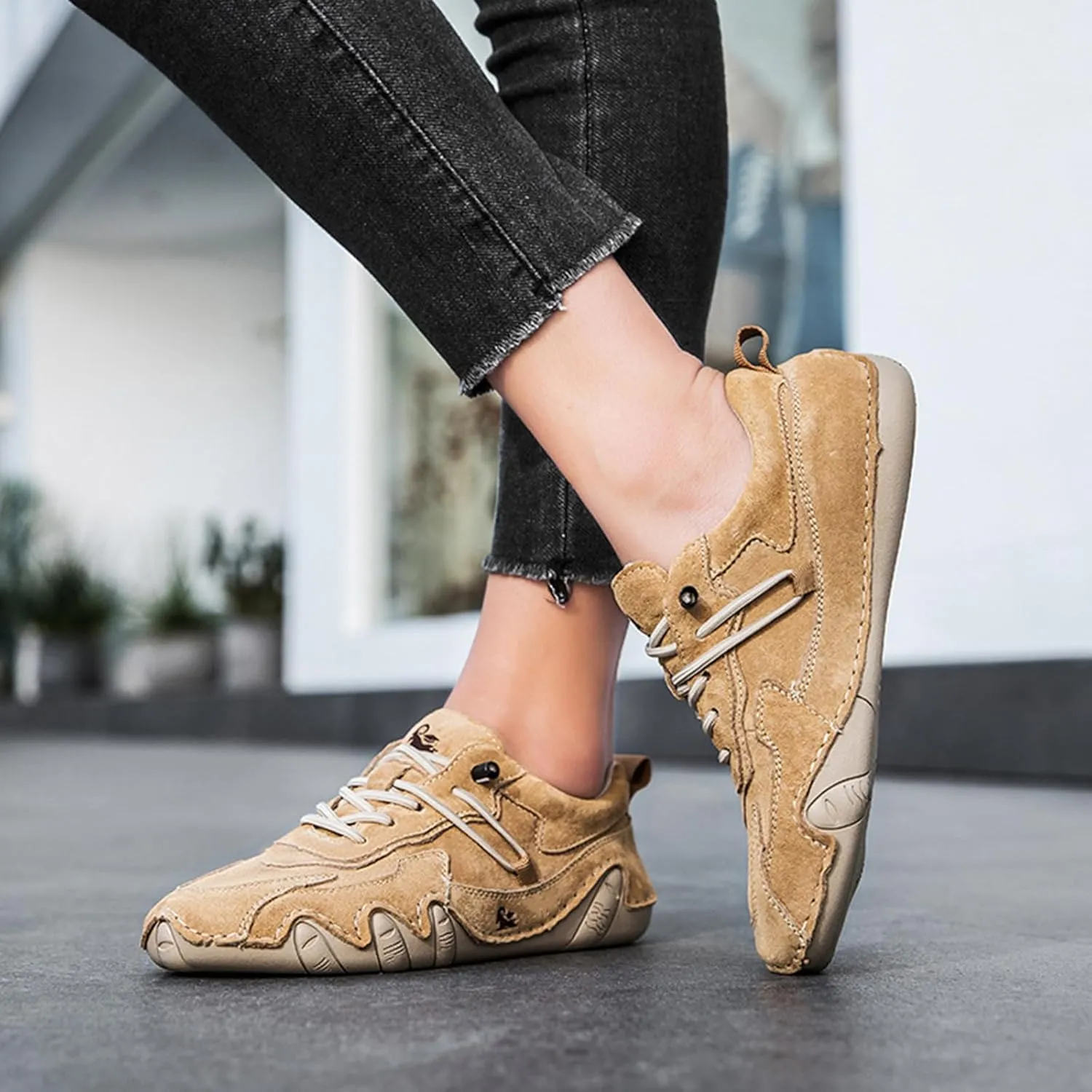 Women's Waterproof Suede Casual Walking Shoes for Hiking Camping & Driving All Season Fashion Retro Elastic Lace Up Hand Stitched Outdoor Sports Sneakers