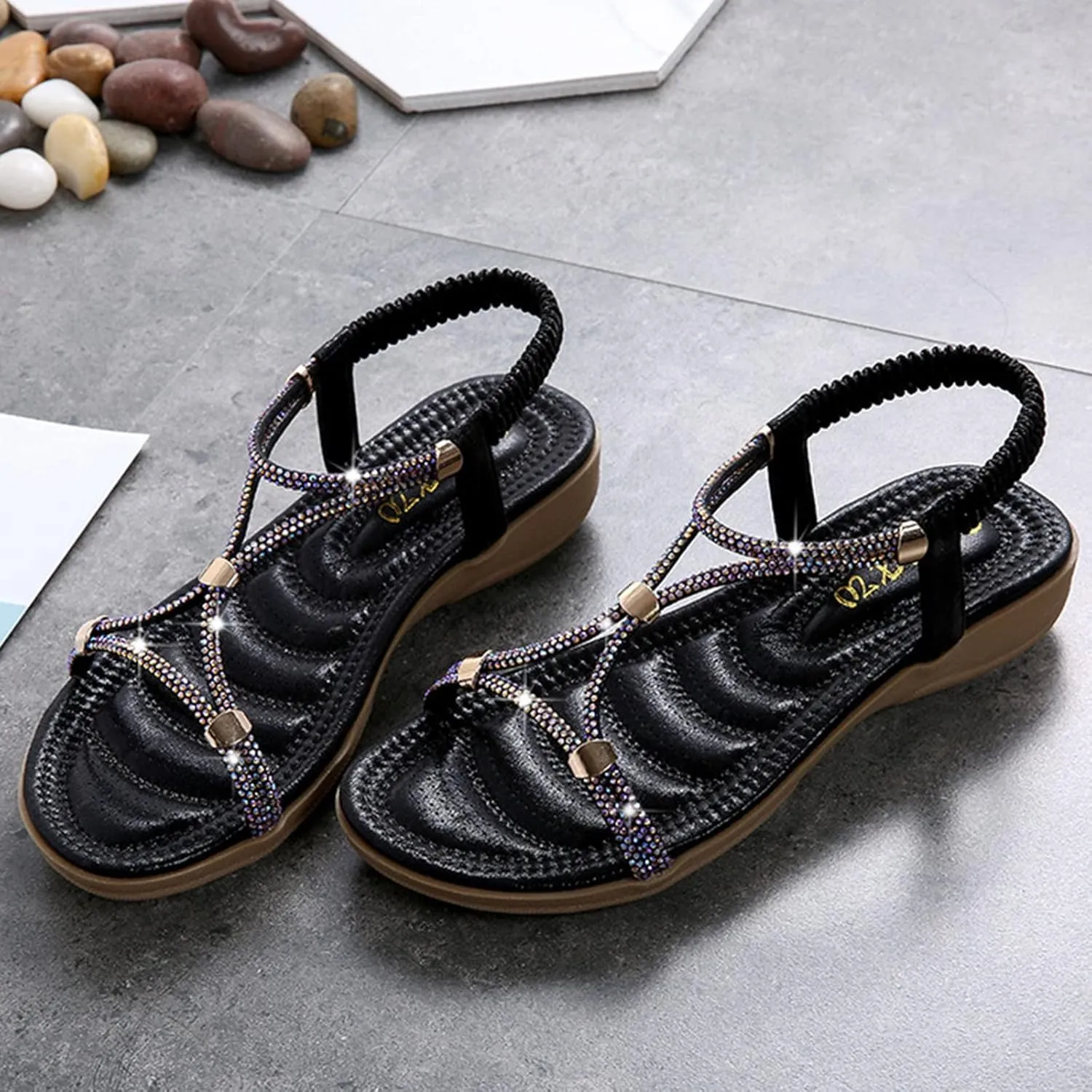 Women's Wedge Sandals Open Toe Elastic Ankle Strap Boho Sandals Slingback Arch Support Comfortable Sandals Beach Shoes