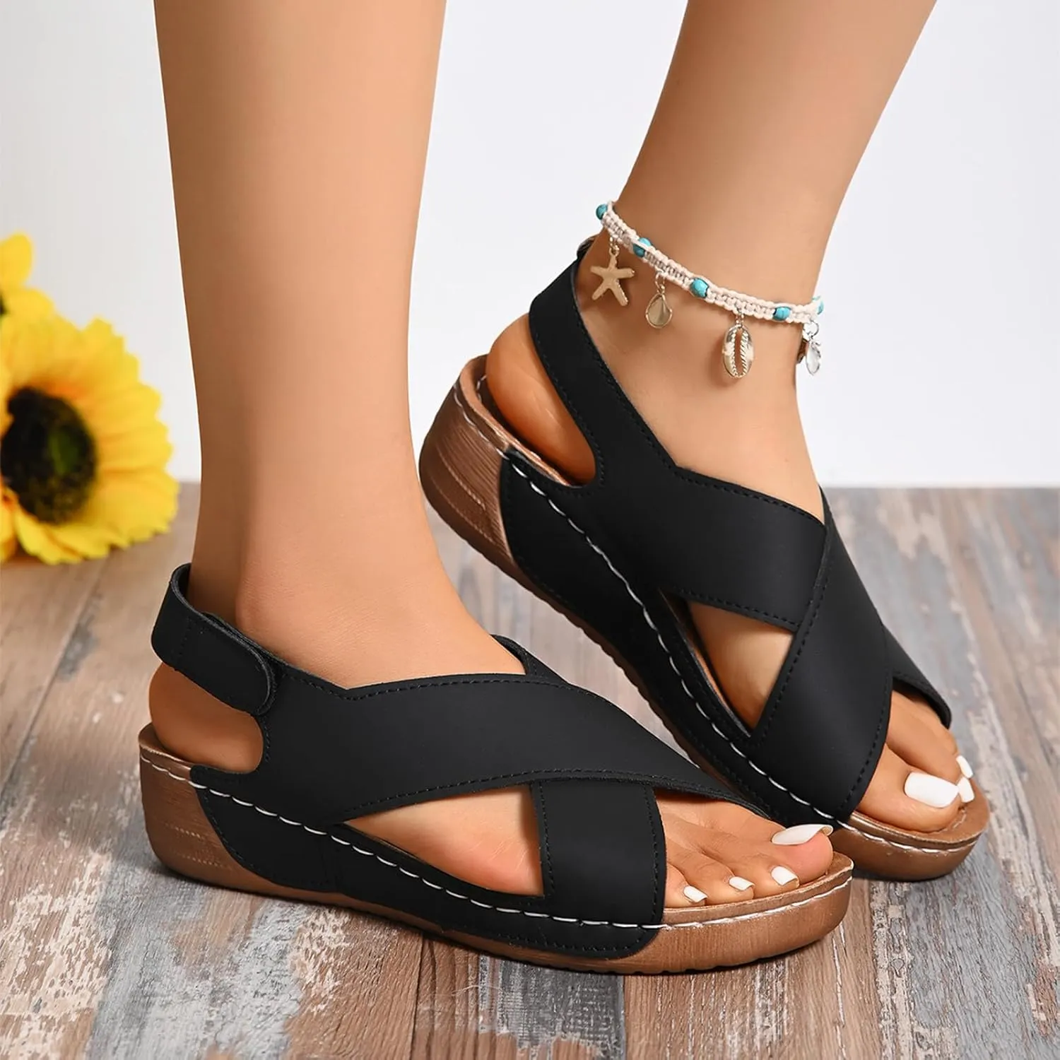 Women's Wedge Sandals Orthotic Comfort Dressy Summer Sandal Ankle Strap Casual Walking Wedges Platform Slip On Shoes