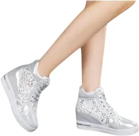 Womenyiaor Platform Hidden Heel Sneaker for Women, Women's Platform Wedge Sneakers Dressy Lace Up Shoes High Heeld High Top Sneakers Fashion Hidden Wedge Tennis Shoes Casual Canvas Shoes