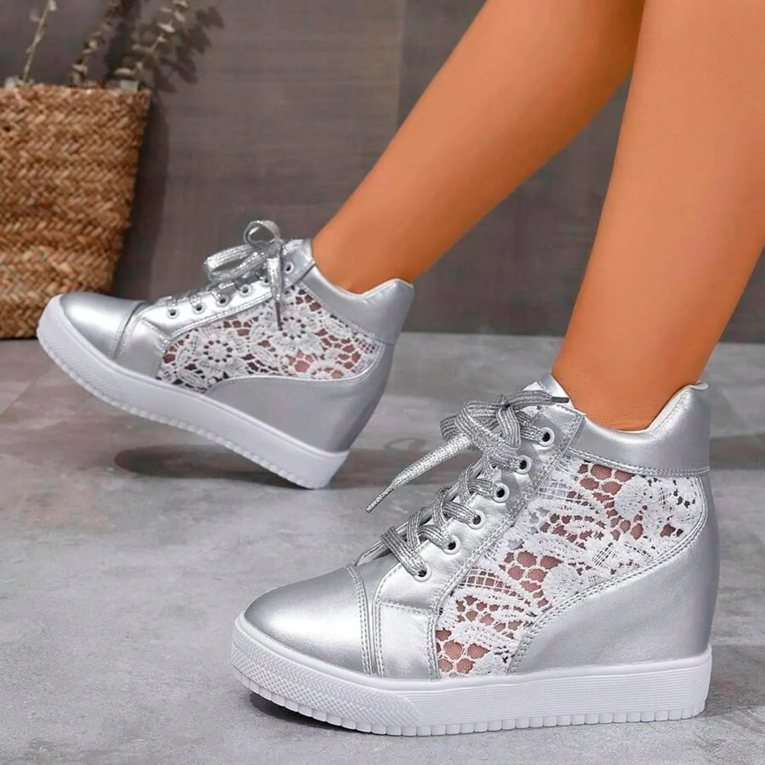 Yanzhenglip Wedge Sneakers for Women Hidden High Heeld Sneakers Dressy Lace Up High Top Sneakers Fashion Orthopedic Walking Shoes Breathable Lace Embroidery Running Shoes Casual Platform Sneakers