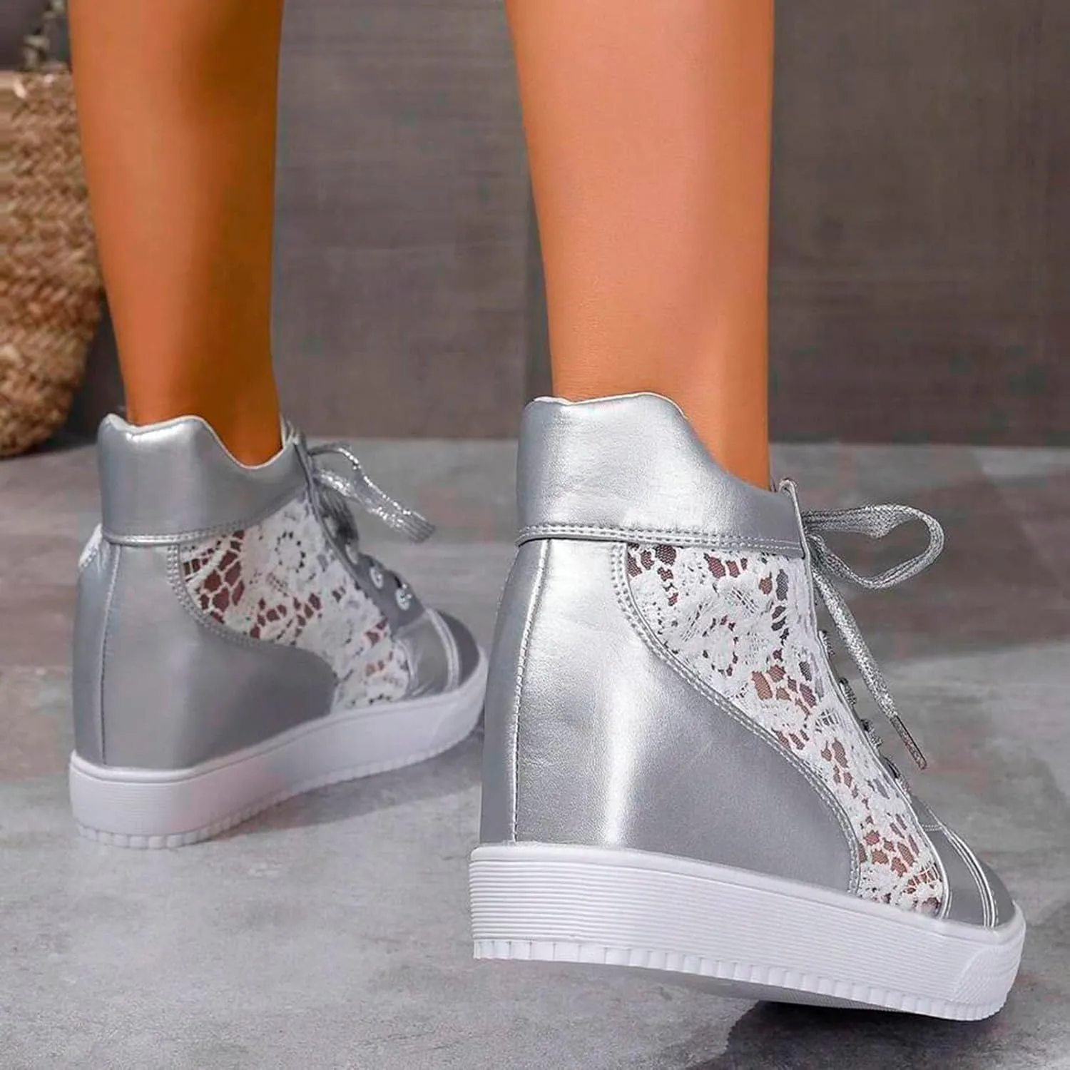 Yanzhenglip Wedge Sneakers for Women Hidden High Heeld Sneakers Dressy Lace Up High Top Sneakers Fashion Orthopedic Walking Shoes Breathable Lace Embroidery Running Shoes Casual Platform Sneakers