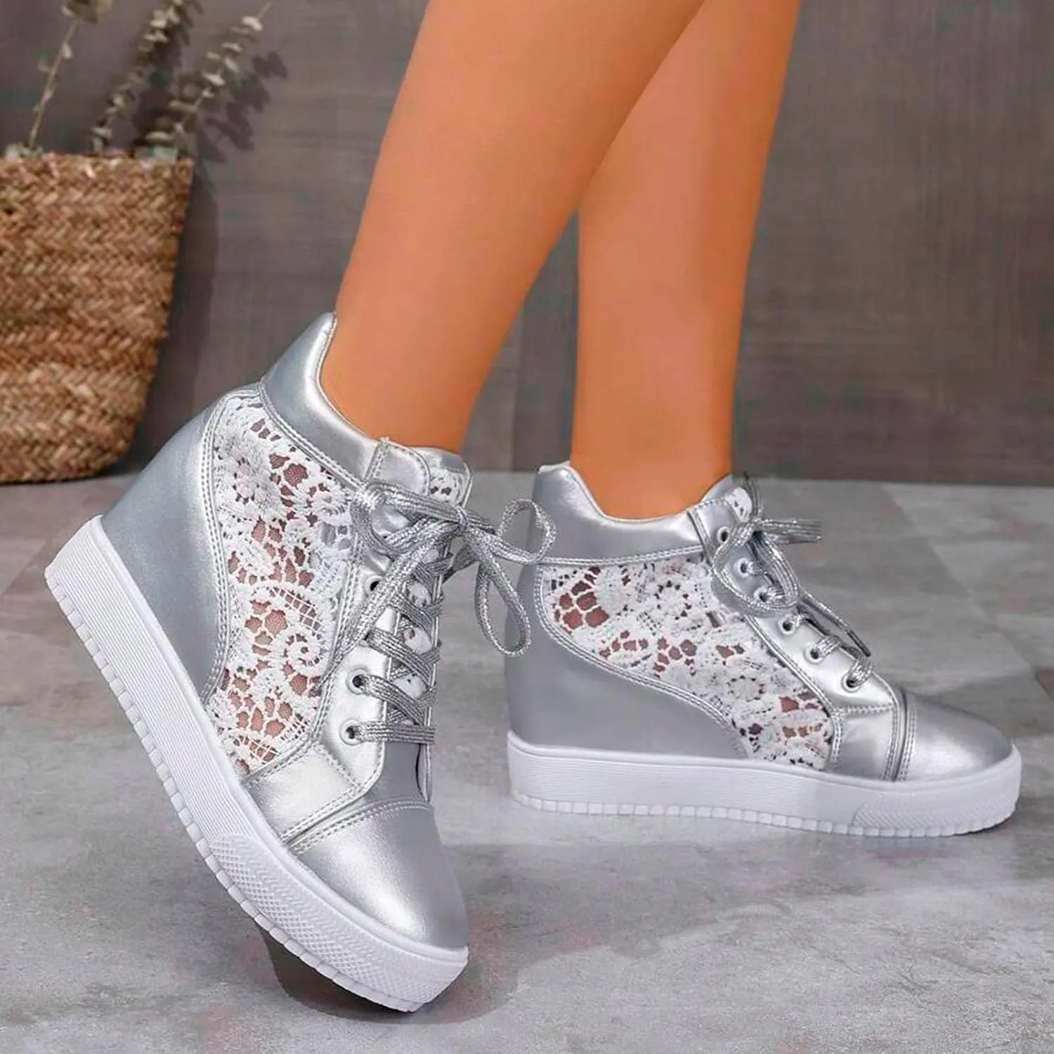 Yanzhenglip Wedge Sneakers for Women Hidden High Heeld Sneakers Dressy Lace Up High Top Sneakers Fashion Orthopedic Walking Shoes Breathable Lace Embroidery Running Shoes Casual Platform Sneakers