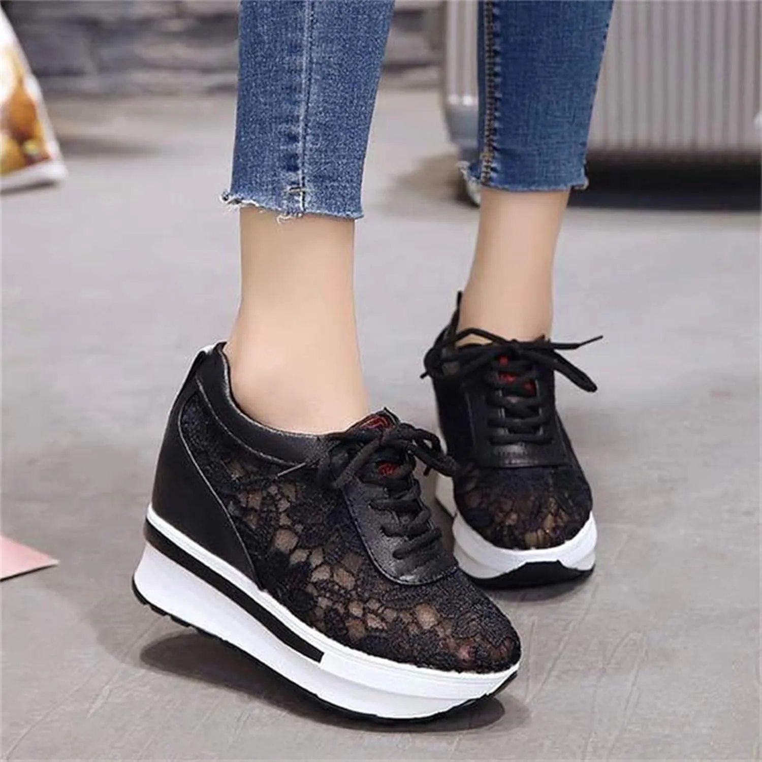 Yanzhenglip Wedge Sneakers for Women Hidden High Heeld Sneakers Dressy Lace Up High Top Sneakers Fashion Orthopedic Walking Shoes Breathable Lace Embroidery Running Shoes Casual Platform Sneakers