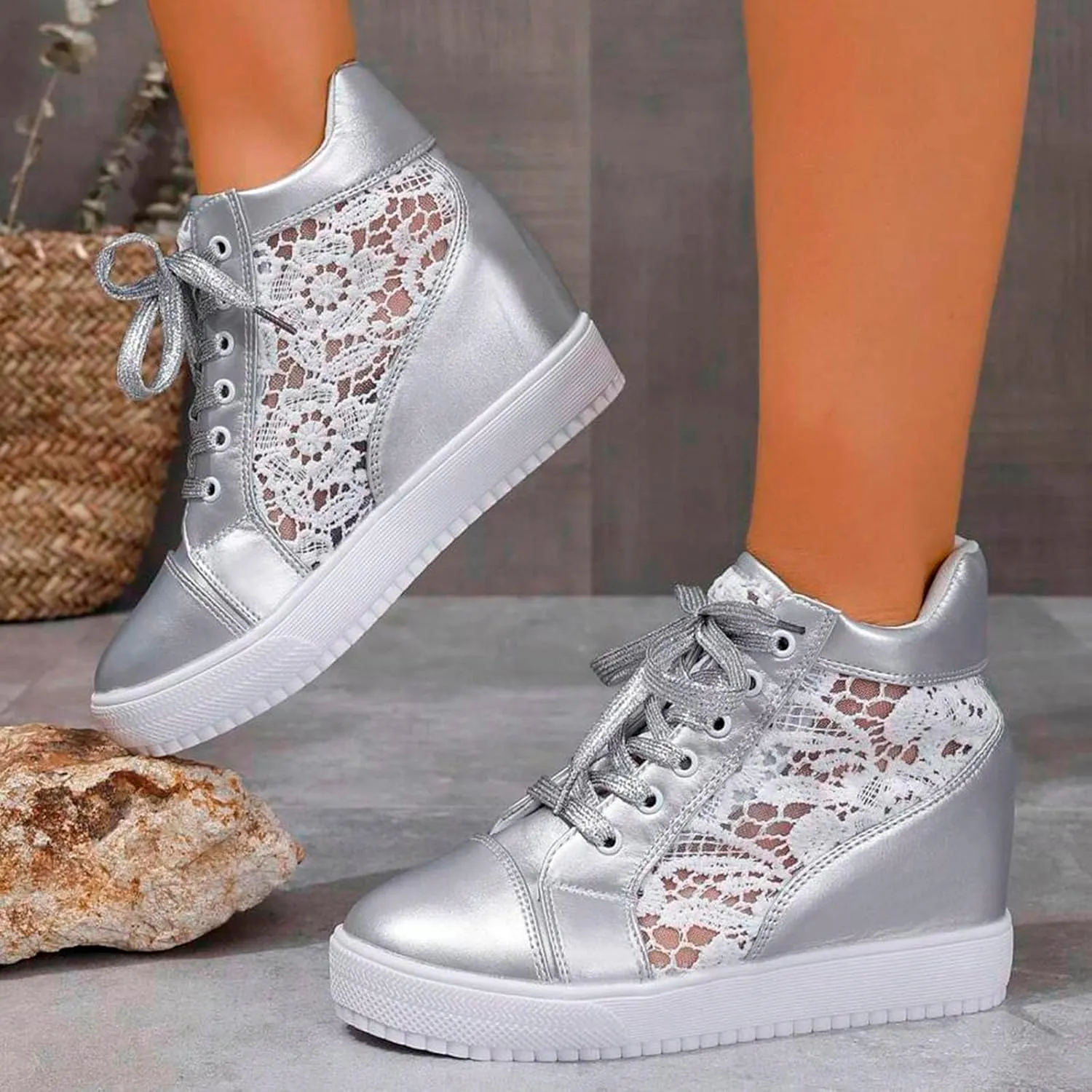 Yanzhenglip Wedge Sneakers for Women Hidden High Heeld Sneakers Dressy Lace Up High Top Sneakers Fashion Orthopedic Walking Shoes Breathable Lace Embroidery Running Shoes Casual Platform Sneakers