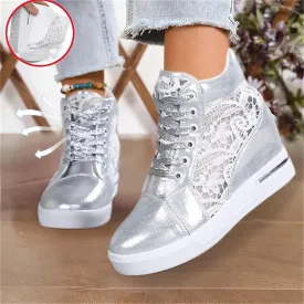 Yanzhenglip Wedge Sneakers for Women Hidden High Heeld Sneakers Dressy Lace Up High Top Sneakers Fashion Orthopedic Walking Shoes Breathable Lace Embroidery Running Shoes Casual Platform Sneakers