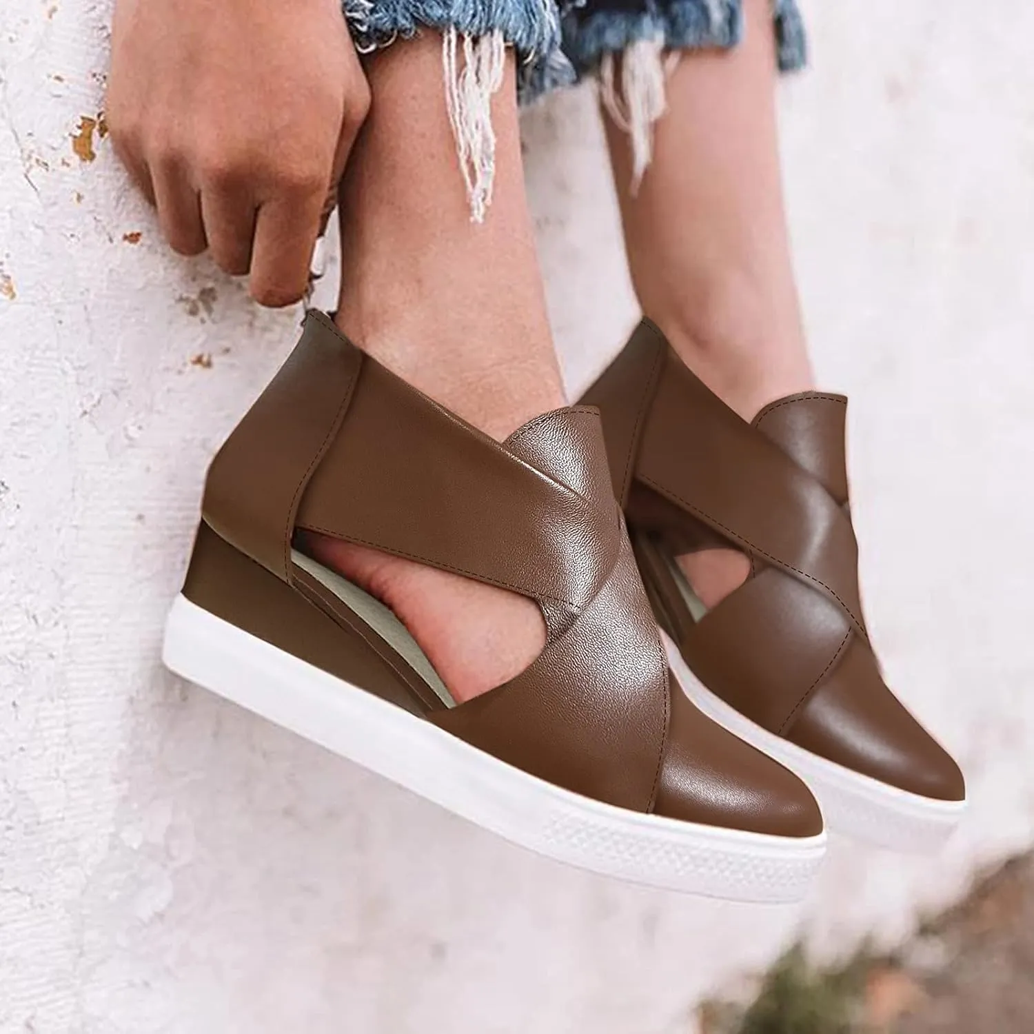 ZBYY Women's Wedge Sneakers Criss Cross Platform Sneakers Hidden Cut Out Wedge Sneaker Closed Toe Slip-on Summer Sandals